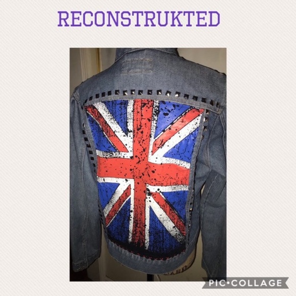 Up-Cycled Union Jack Denim Jacket W/Peace Patch & Silver Studs~Moto Style~Med/La - Picture 2 of 6